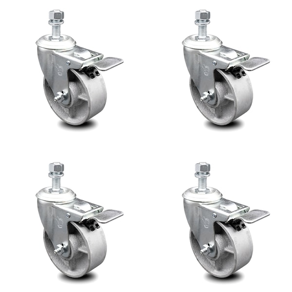 Semi Steel Swvl TS Caster w/RB w/4" Wheel&3/8" Stem-4 Swvl w/TTL BRK, 4PK